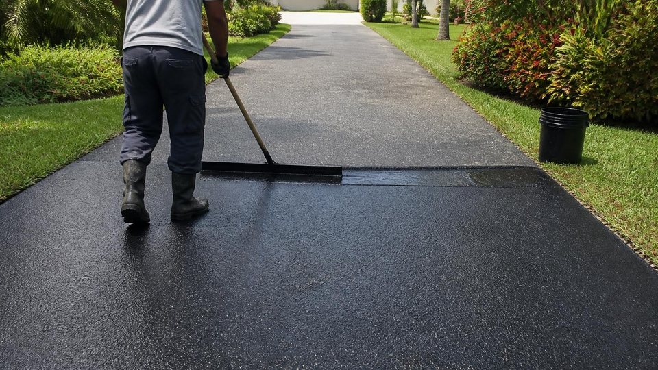 Worker pulling a squeegee of black sealer across a faded asphalt driveway